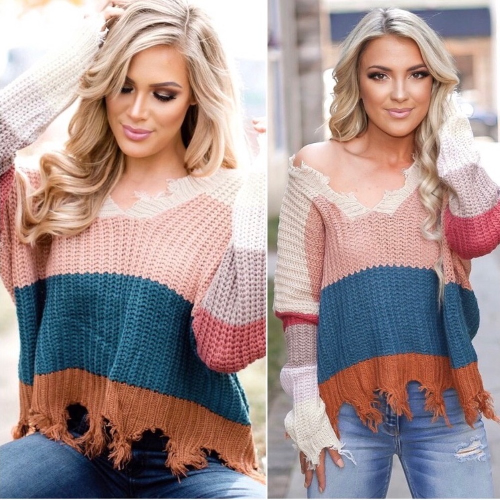 Women’s distressed comfy asymmetrical hem v neck trendy sweater
